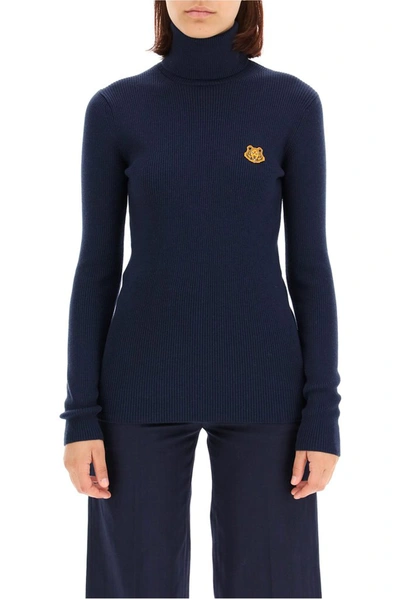 Shop Kenzo Tiger Embroidered Turtleneck Sweater In Navy