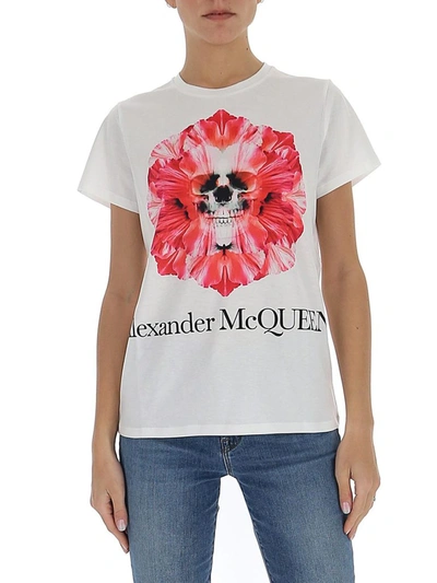 Shop Alexander Mcqueen Flower Skull Logo T In White