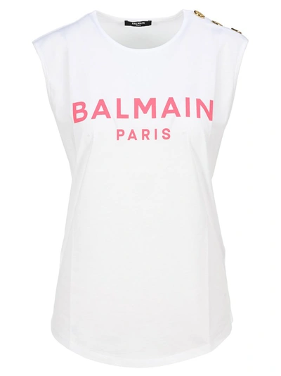 Shop Balmain Logo Printed Sleeveless Top In White