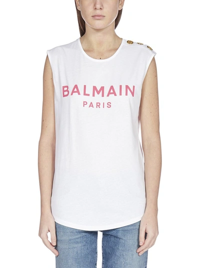 Shop Balmain Logo Printed Sleeveless Top In White