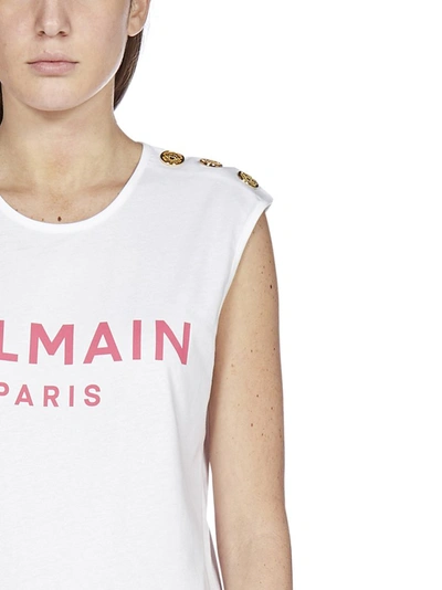 Shop Balmain Logo Printed Sleeveless Top In White