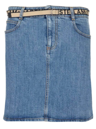 Shop Stella Mccartney Logo Belted Mini Denim Skirt In Blue