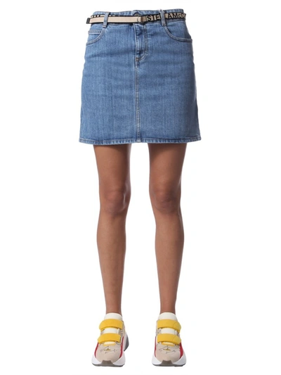 Shop Stella Mccartney Logo Belted Mini Denim Skirt In Blue