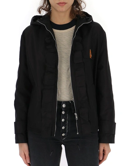 Shop Prada Ruffled Hooded Jacket In Black