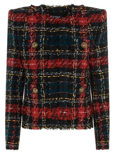 Shop Balmain Tartan Tweed Jacket In Multi