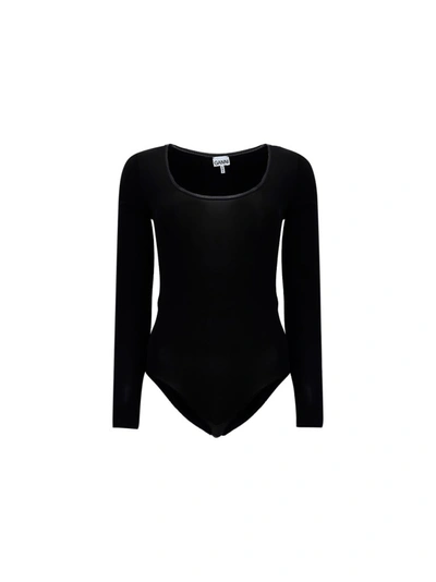 Shop Ganni Long Sleeve Crewneck Bodysuit In Black