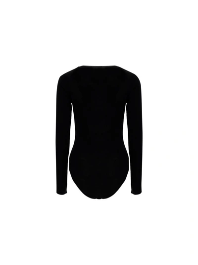 Shop Ganni Long Sleeve Crewneck Bodysuit In Black