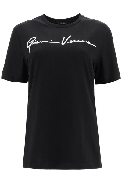 Shop Versace Embroidered Gv Signature T In Black