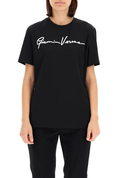 Shop Versace Embroidered Gv Signature T In Black