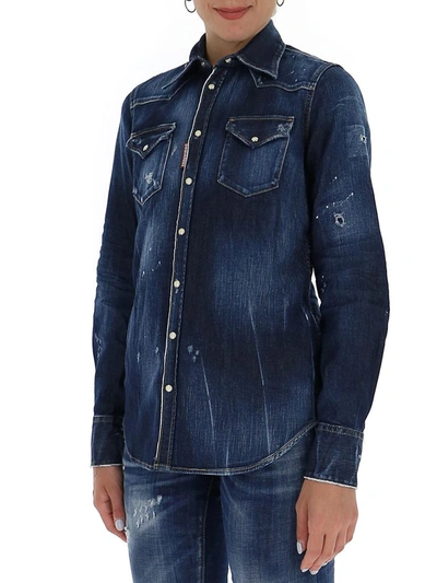 Shop Dsquared2 Distressed Denim Shirt In Blue