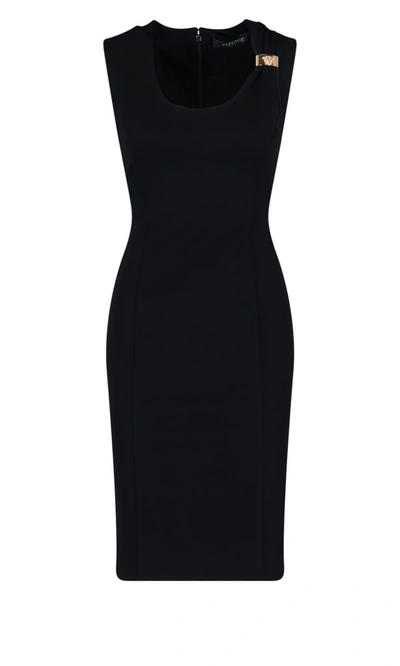 Shop Versace Medusa Plaque Detailed Midi Dress In Black