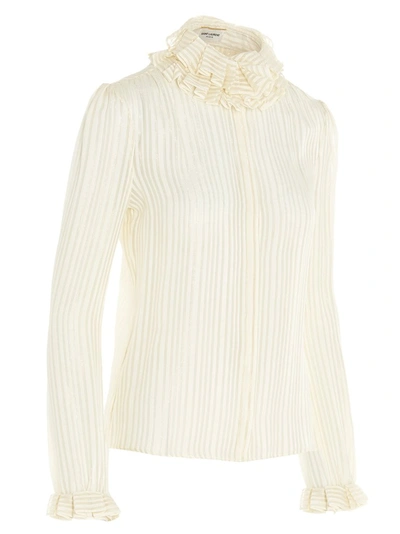 Shop Saint Laurent Striped Ruffled Collar Blouse In White