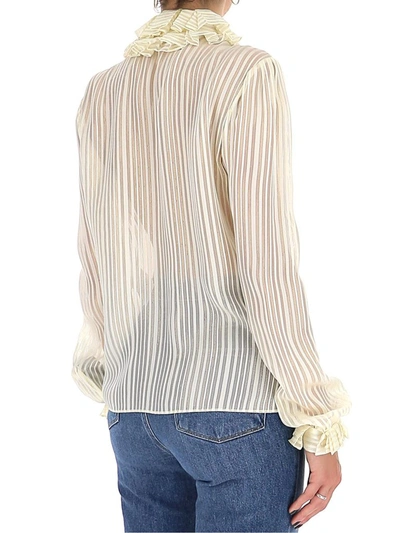 Shop Saint Laurent Striped Ruffled Collar Blouse In White