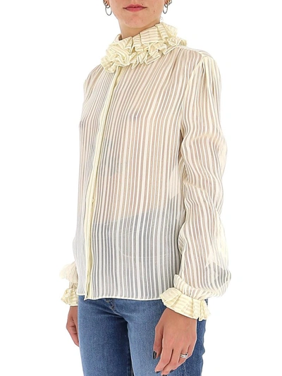 Shop Saint Laurent Striped Ruffled Collar Blouse In White
