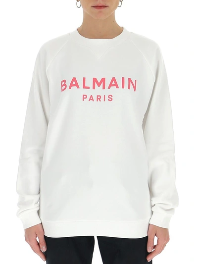 Shop Balmain Logo Printed Crewneck Sweatshirt In White