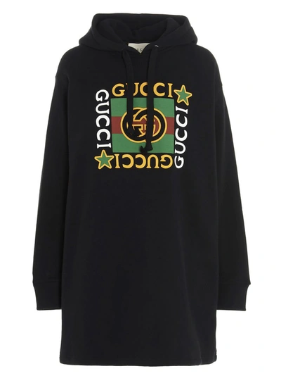 Shop Gucci Logo Star Print Hooded Dress In Black