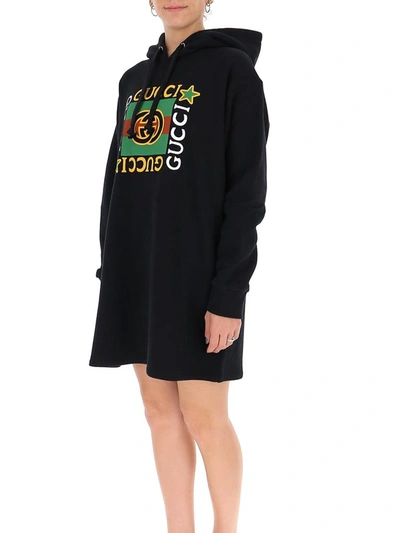 Shop Gucci Logo Star Print Hooded Dress In Black