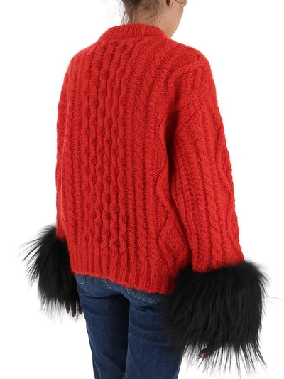 Shop Prada Fur Trim Cable Knit Sweater In Red