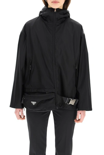 Shop Prada Belt Bag Attached Hooded Jacket In Black