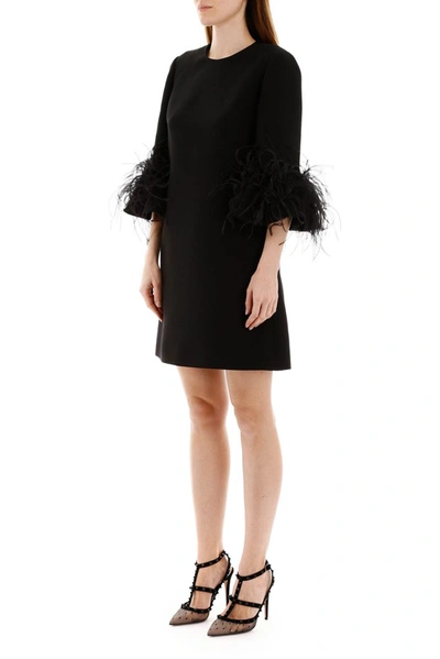 Shop Valentino Feather Trim Mini Dress In Black