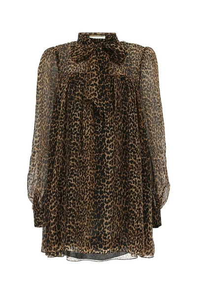 Shop Saint Laurent Leopard Print Pussybow Dress In Multi