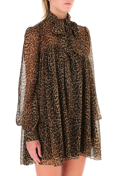 Shop Saint Laurent Leopard Print Pussybow Dress In Multi