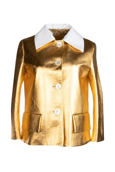 Shop Prada Metallic Cropped Jacket In Gold