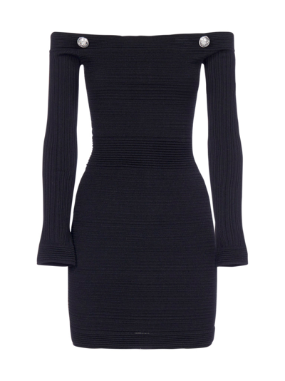 Shop Balmain Off The Shoulder Knitted Dress In Black