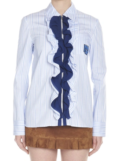 Shop Prada Ruffle Front Shirt In Blue