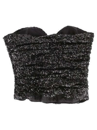 Saint Laurent Ruched Sequined Mesh Bustier Top In Black | ModeSens