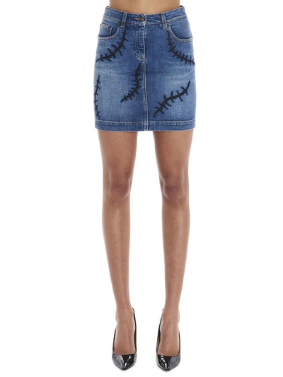 Shop Moschino Stitch Detail Denim Skirt In Blue