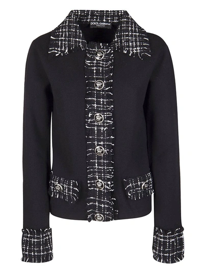Shop Dolce & Gabbana Tweed Trim Cardigan In Black