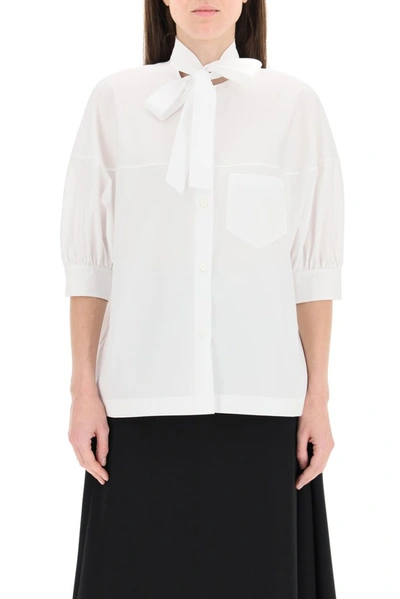 Shop Prada Tie Neck Short Sleeve Shirt In White