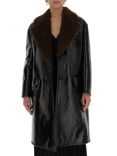 Shop Prada Fur Collar Detaild Buttoned Coat In Black