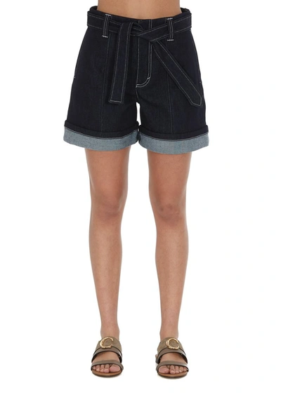 Shop Chloé Belted Denim Shorts In Blue