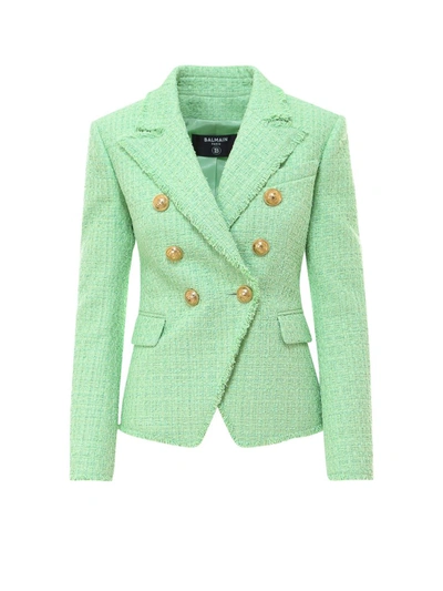 Shop Balmain Bouclé Double Breasted Tweed Blazer In Green