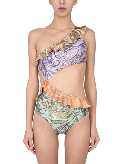 Shop Zimmermann Brighton Cut Out Frill Swimsuit In Multi