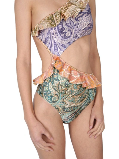 Shop Zimmermann Brighton Cut Out Frill Swimsuit In Multi