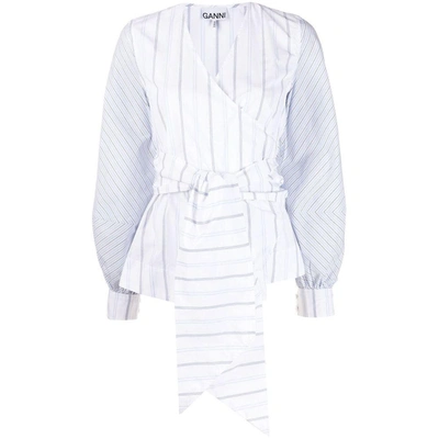 Shop Ganni Striped Wrap Blouse In White