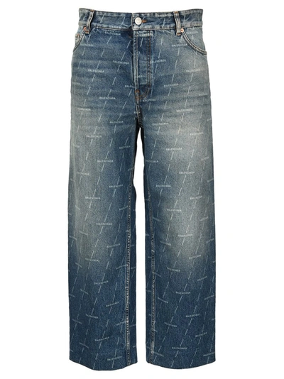 Shop Balenciaga Allover Logo Cropped Jeans In Blue