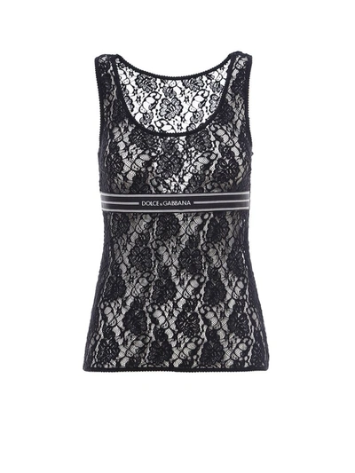 Shop Dolce & Gabbana Logo Trim Lace Tank Top In Black
