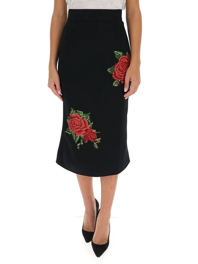 Shop Dolce & Gabbana Rose Embroidery Pencil Skirt In Black