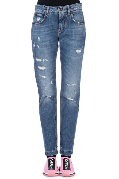 Shop Dolce & Gabbana Embellished Distressed Jeans In Blue