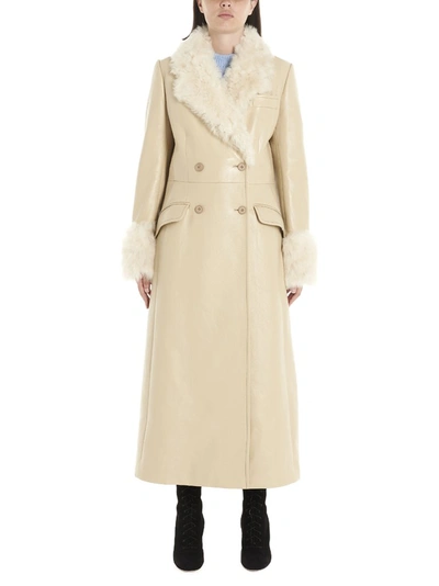 Shop Miu Miu Fur Trimmed Double Breasted Trench Coat In Beige