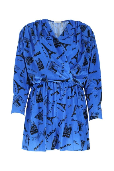 Shop Balenciaga Printed Mini Dress In Blue