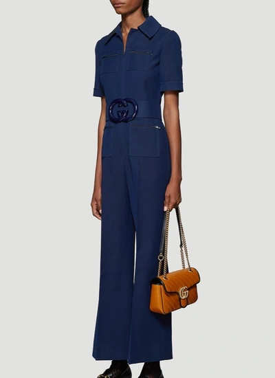 Shop Gucci Gg Logo Belted Jumpsuit In Blue