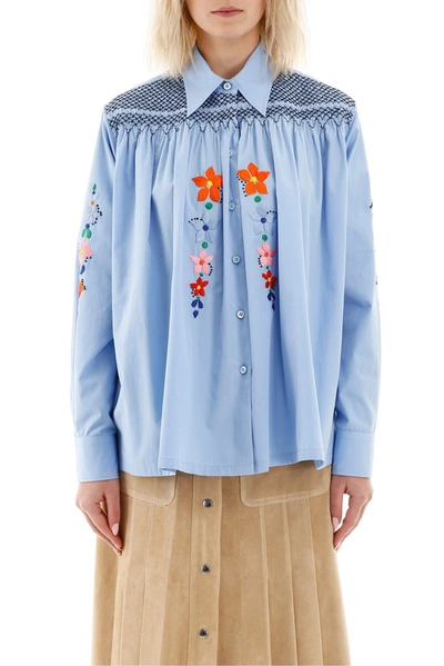 Shop Prada Floral Embroidered Smock Shirt In Blue