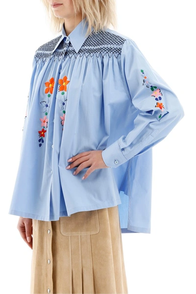 Shop Prada Floral Embroidered Smock Shirt In Blue