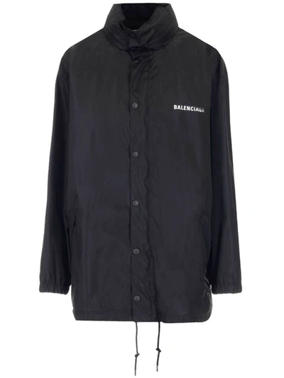 Shop Balenciaga Logo Print Rain Jacket In Black