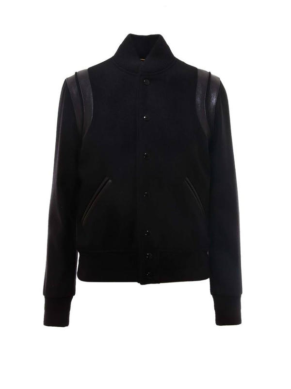 Saint Laurent Teddy Leather Trimmed Wool Blend Bomber Jacket In Black Modesens